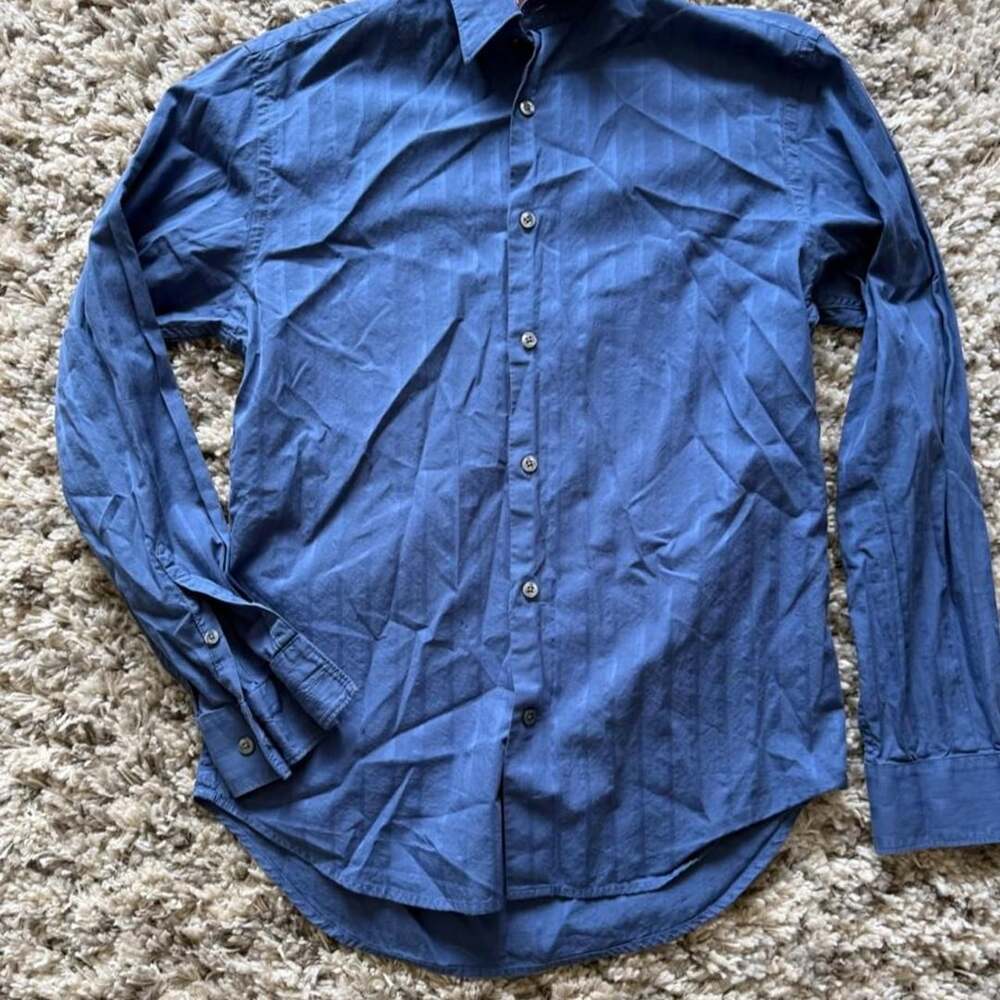 Perry Ellis Blue Cotton Striped Button-Up Shirt